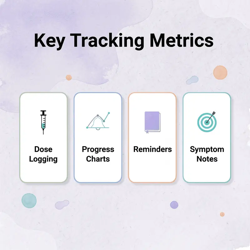 Infographic showing 5 key metrics used to evaluate GLP-1 tracking apps