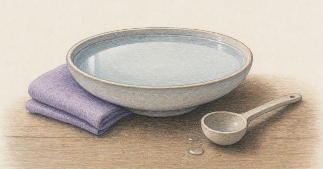 A wide shallow dish of water on a table beside a ladle, the water level even across it