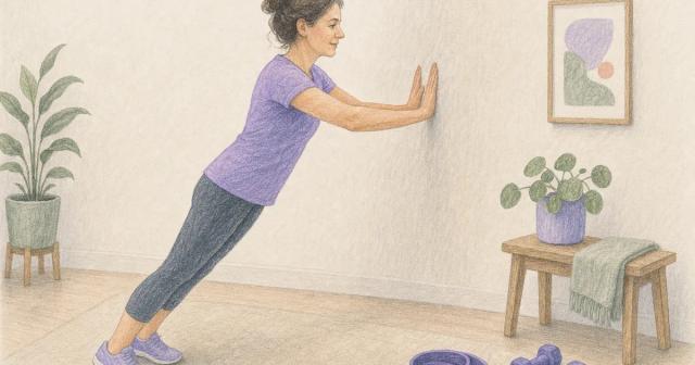 Woman doing a wall push-up with a resistance band and small weights nearby.