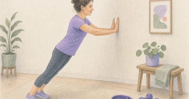 Woman doing a wall push-up with a resistance band and small weights nearby.