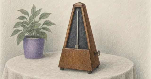 Wooden metronome on a linen table with its weight slid to the slowest position