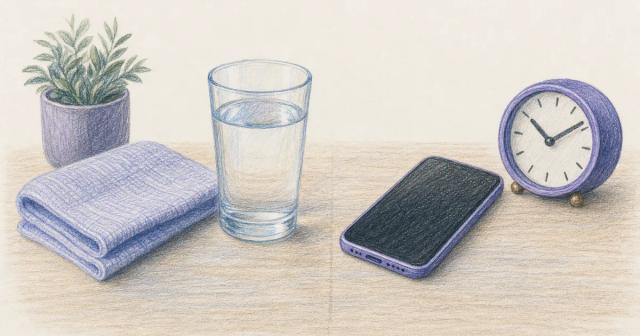 Still-life splitting routine cloth and water from an urgent phone and clock