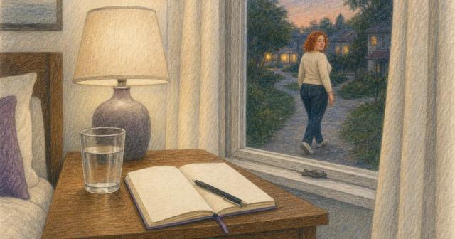 A nightstand with water and an open notebook, a woman walking a path outside the window