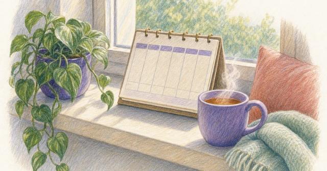 Sunlit windowsill nook with tea and a small open planner, calm morning