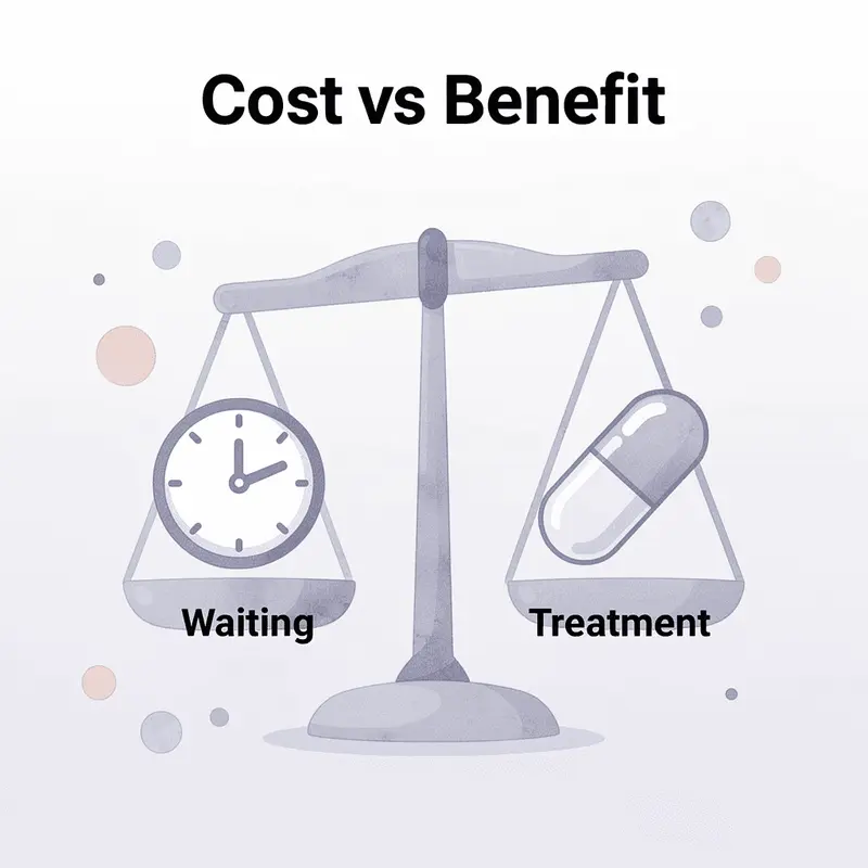 Balance scale weighing waiting versus treatment costs