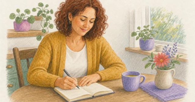 Woman writing a dated note in a notebook at a sunny kitchen table