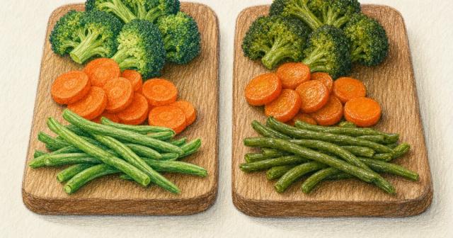 Raw broccoli, carrots and green beans on one board beside the same vegetables steamed soft