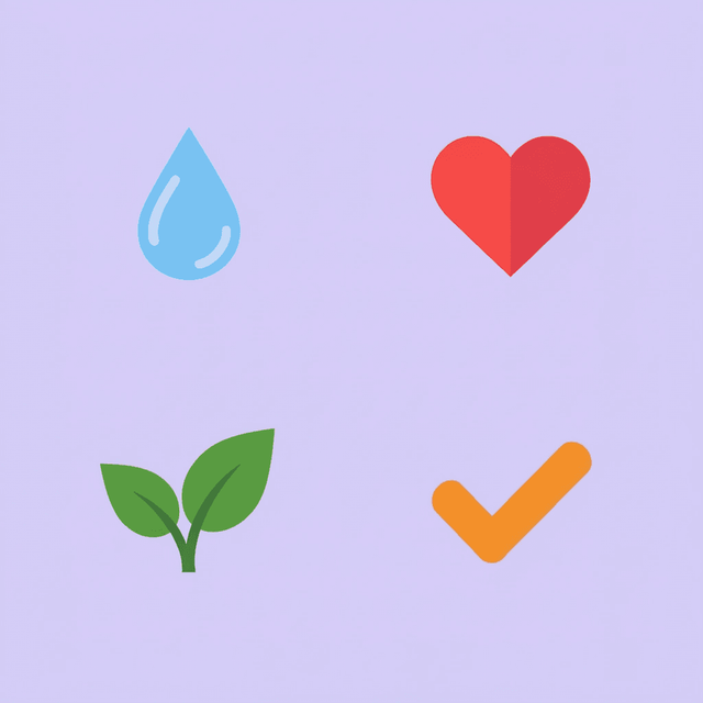 Four-icon grid displaying the essential daily habits - protein intake, water consumption, fiber, and physical movement