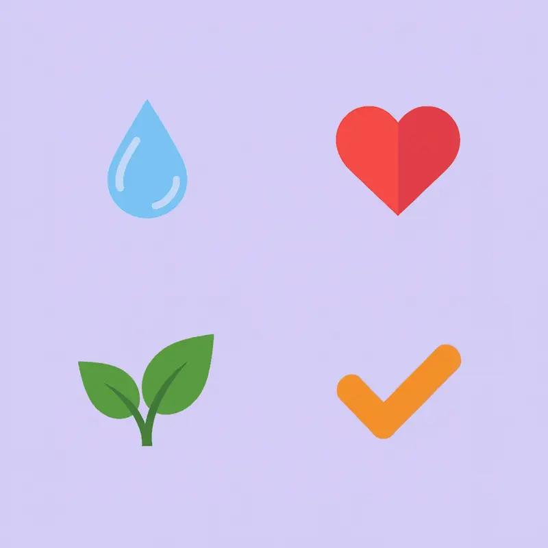 Four-icon grid displaying the essential daily habits - protein intake, water consumption, fiber, and physical movement