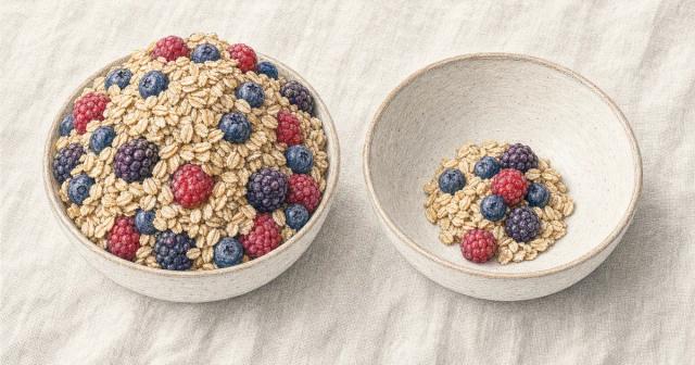 Two identical bowls side by side, one heaped with oats and berries, one holding a small portion