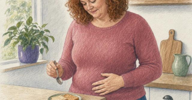 Woman pausing at a sunlit kitchen counter over a small plain breakfast, one hand on her stomach