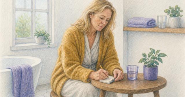 A tired person in a robe writing on a notepad at a small bathroom table
