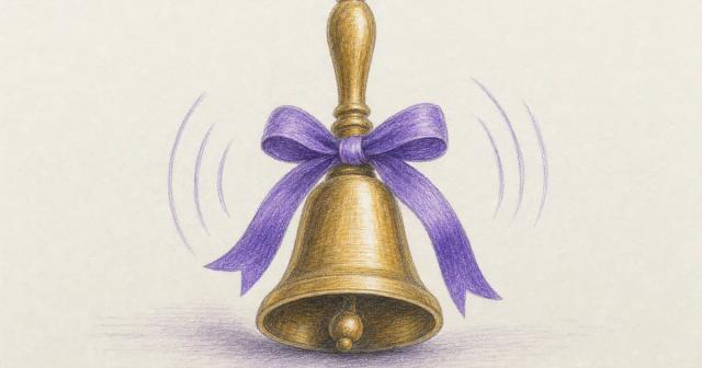 A small brass bell mid-ring with radiating sound lines, alarm signal