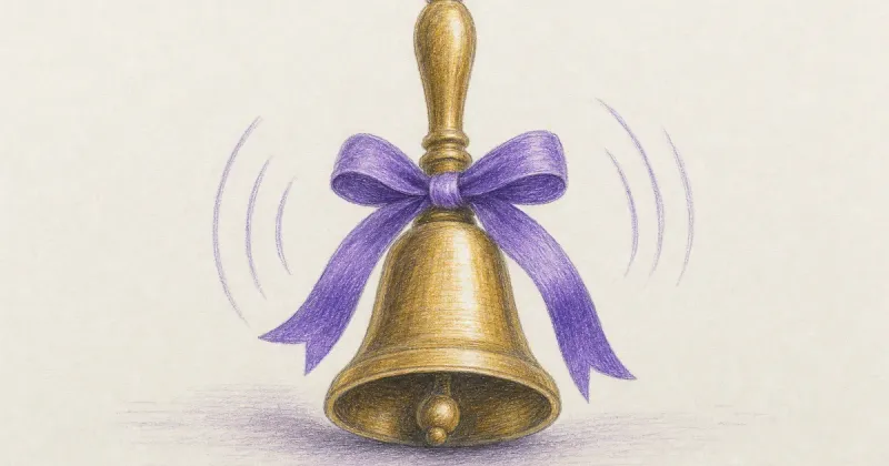 A small brass bell mid-ring with radiating sound lines, alarm signal