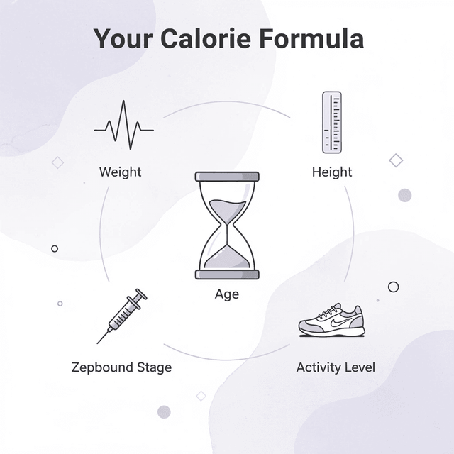 Hub and spoke infographic showing the five inputs that determine your personalized calorie target