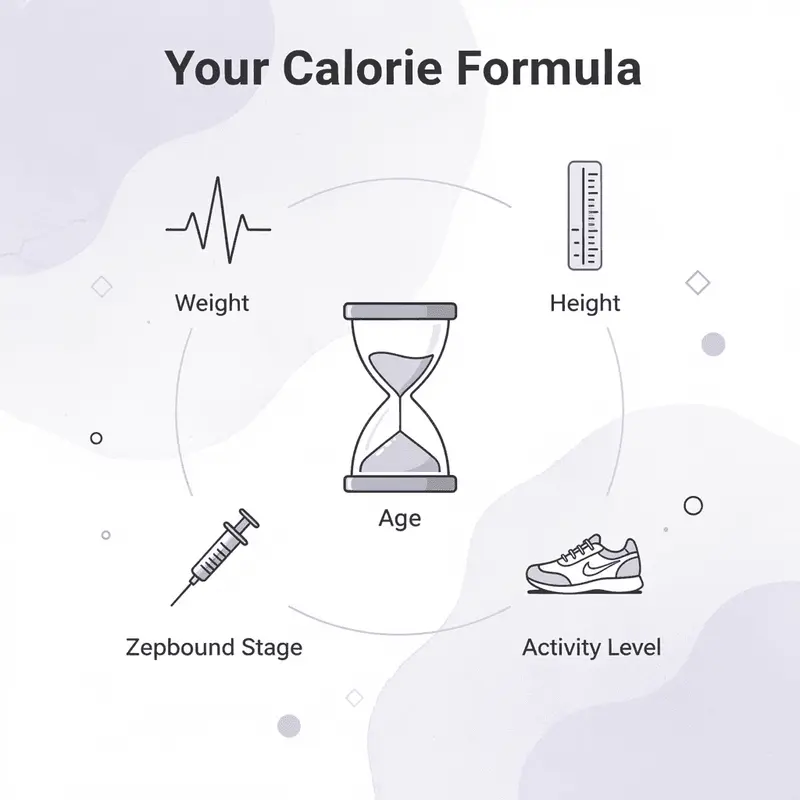Hub and spoke infographic showing the five inputs that determine your personalized calorie target