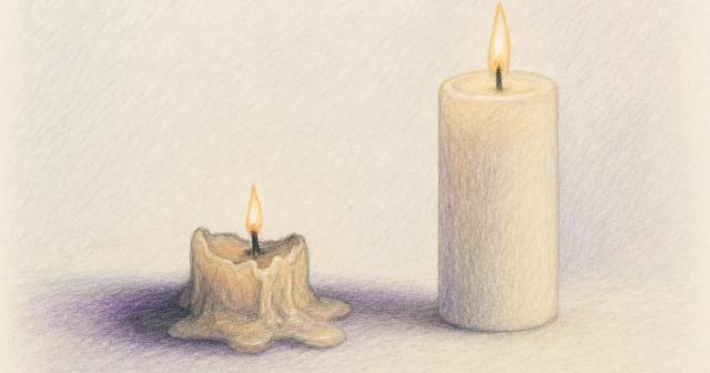 A burned-low candle beside a tall fresh candle on a pale surface