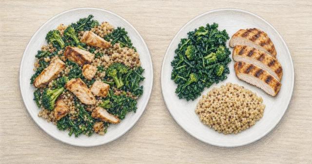 Two plates side by side, one with food piled messily, one with food in neat portions