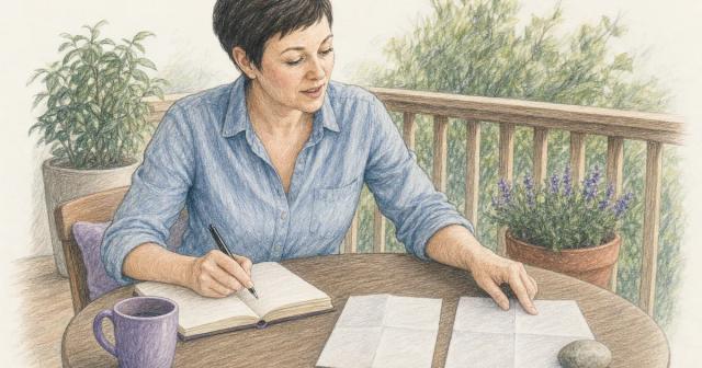 Person at a porch table writing in a notebook while comparing two printed sheets