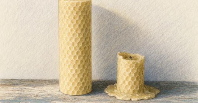 Two beeswax candles side by side, one tall and new, one burned down to a short stub