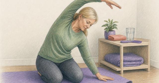 Person stretching on a mat at home beside a spare bathroom shelf with a towel and glass