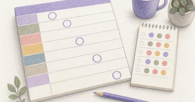 Weekly planner with one weekday circled each week and a small dotted checklist.