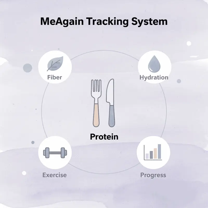 Hub and spoke diagram showing MeAgain's comprehensive tracking system
