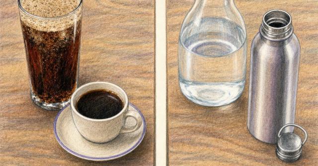 Dark fizzy drink and coffee on one side of a table, water carafe and bottle on the other