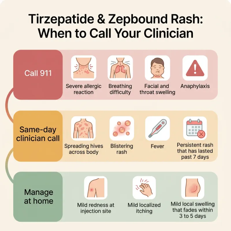 Decision tree showing when to call 911 (severe allergic reaction, breathing difficulty, facial swelling, anaphylaxis), call your clinician same-day (spreading hives, blistering rash, fever, persistent rash past 7 days), or manage at home (mild redness, localized itching, mild swelling that fades)