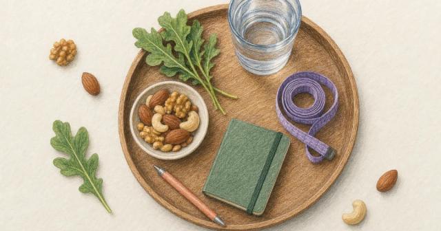 Scattered health items gathered onto a single tray