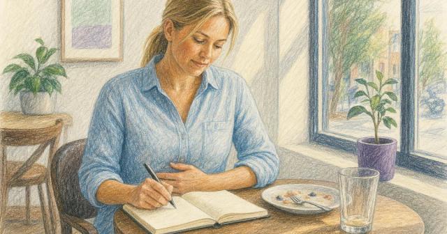 Woman writing in a notebook at a sunlit cafe table, one hand resting on her stomach