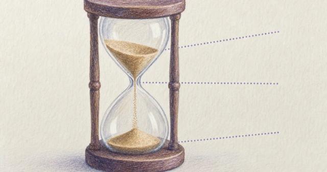 Small hourglass with sand mid-fall and faint dotted markers pointing to its bulb, waist and base