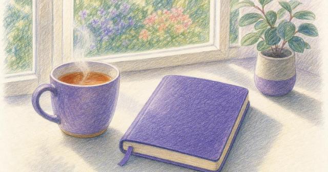A mug of tea beside a journal on a sunny windowsill