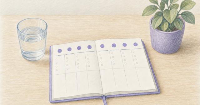 Tidy weekly planner with evenly marked days, a water glass and small plant