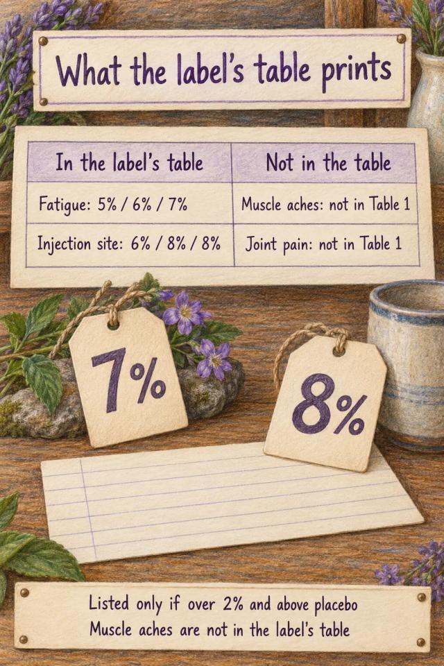 Chart: fatigue and injection site rates are in the label's table; muscle aches and joint pain are not.