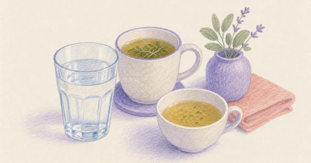 Glass of water, herbal tea, and clear broth arranged on a light table