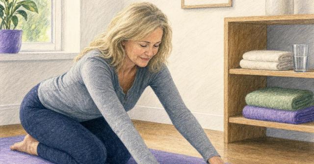 Person stretching on a mat beside a spare clean bathroom shelf