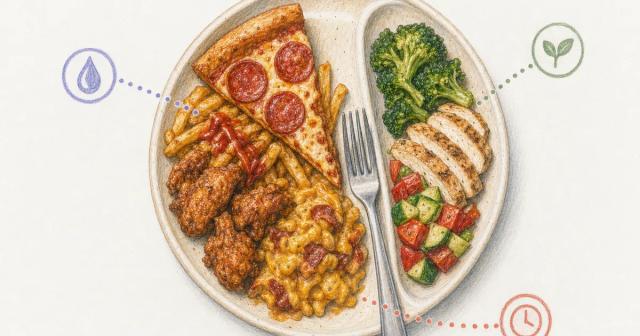 Compartmented plate contrasts a heavy meal with a smaller balanced portion and resting fork.