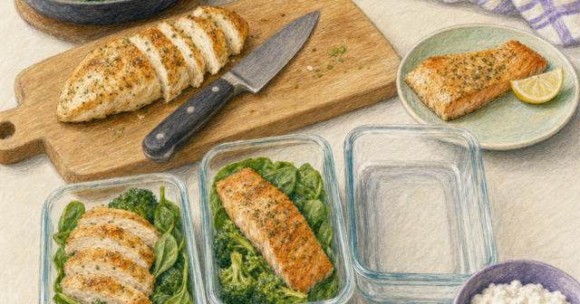 Kitchen counter with sliced chicken, fish, and meal containers being filled with protein portions