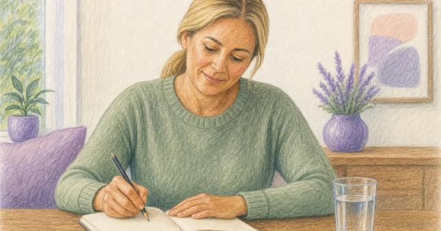Woman at a table writing in a notebook beside a glass of water.
