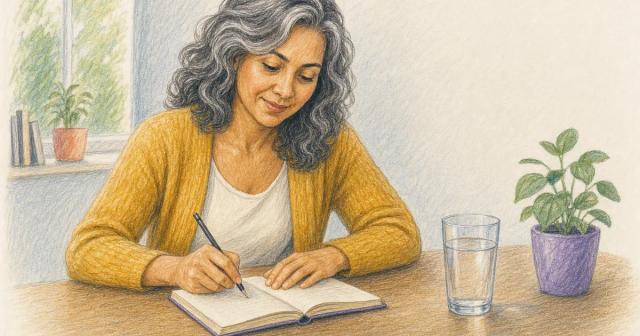 A glass of water and a small open notebook on a wooden table
