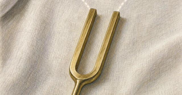 A brass tuning fork on pale linen with two soft dotted arcs curving from its prongs