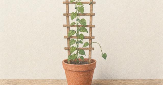 A young vine climbing a plain wooden trellis in a terracotta pot on a table