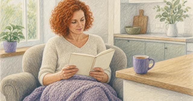 Person under a blanket in an armchair by a kitchen counter, reading a blank notebook in morning light