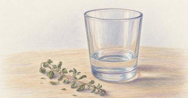 A nearly empty water glass and a wilted herb sprig in warm dry light