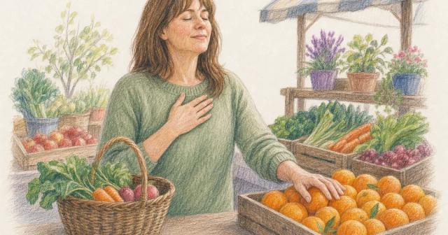 Woman pausing to catch her breath while picking oranges at a produce stall
