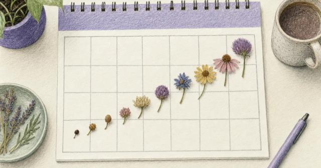 Calendar grid with small pressed flowers growing larger across each week square