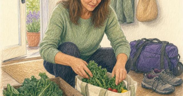 Woman crouched in an entryway sorting fresh produce into a tote beside a packed gym bag