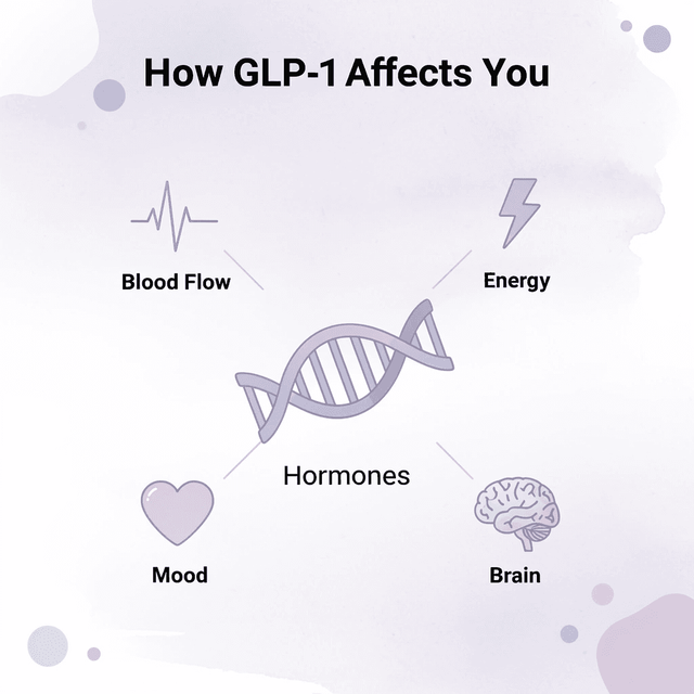 Hub and spoke diagram showing GLP-1 connected to five body systems it affects