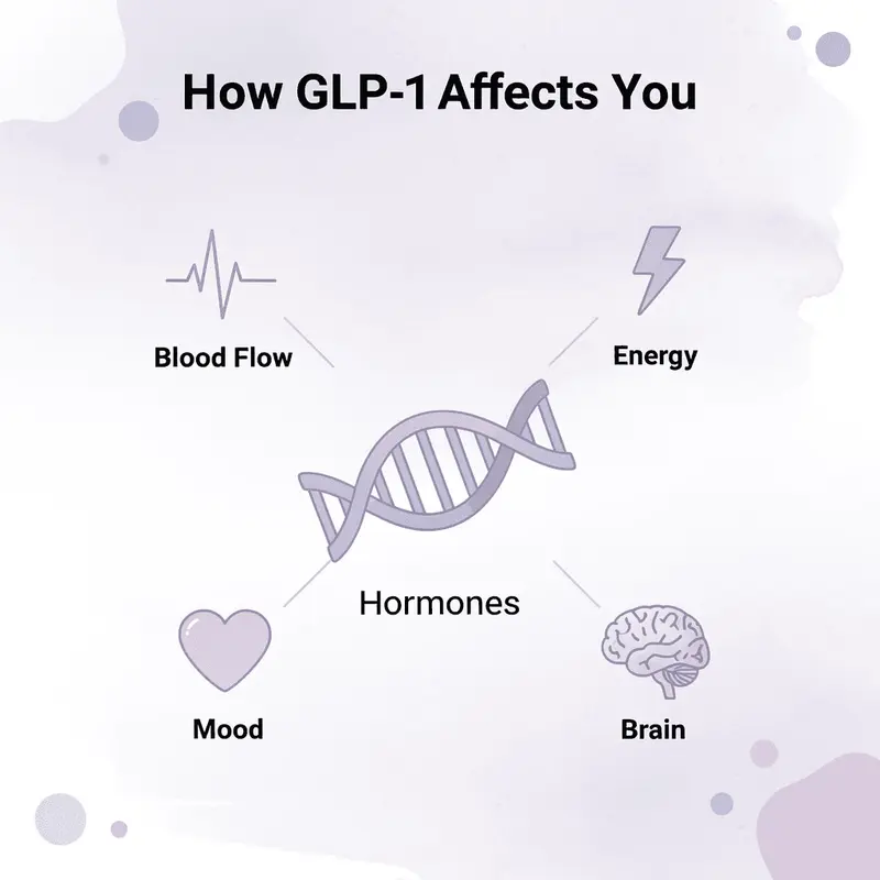 Hub and spoke diagram showing GLP-1 connected to five body systems it affects